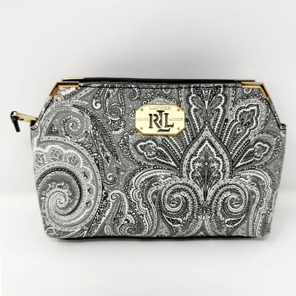 Ralph Lauren Black White Paisley Vegan Leather Clutch‎ Bag